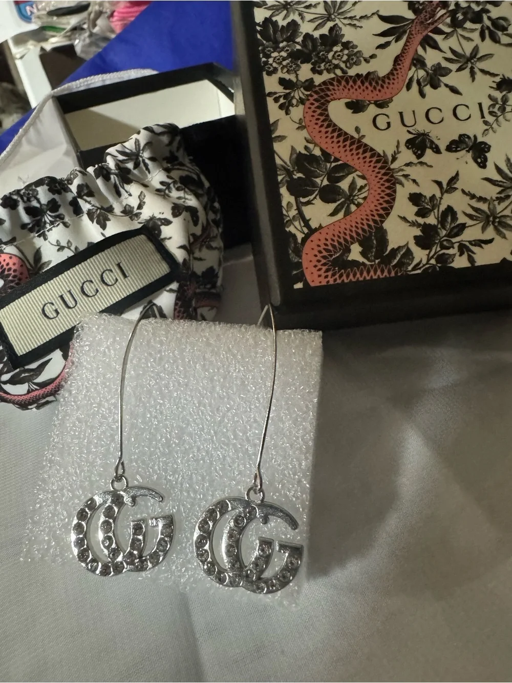 Gucci Silvery Crystal Double interlocking GG Hook Drop Earrings w/pouch and box - Picture 1 of 10